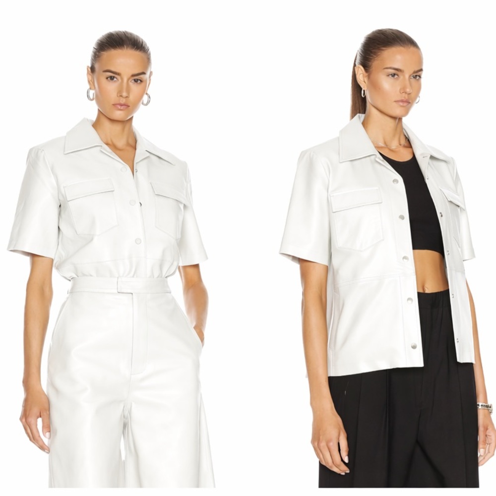 REMAIN by Birger Christensen Short-Sleeve Button leather Cream Shirt Jacket